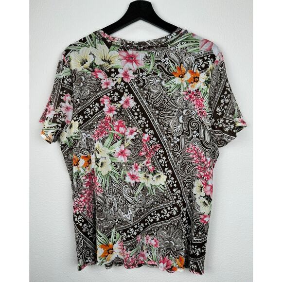 CJ Banks Top Womens Size 1X Brown Short Sleeve Floral Boho Spring Work Career - Picture 5 of 9